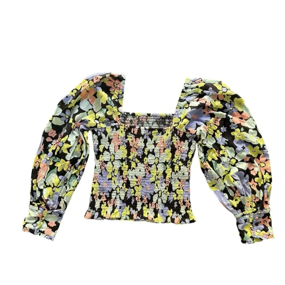 Free People Ariana Blouse Smocked Floral Retro Combo Size S Womens NEW W/out Tag